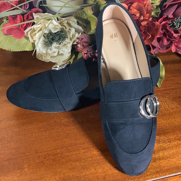 H&M Women’s Black Loafers with Gold Buckles